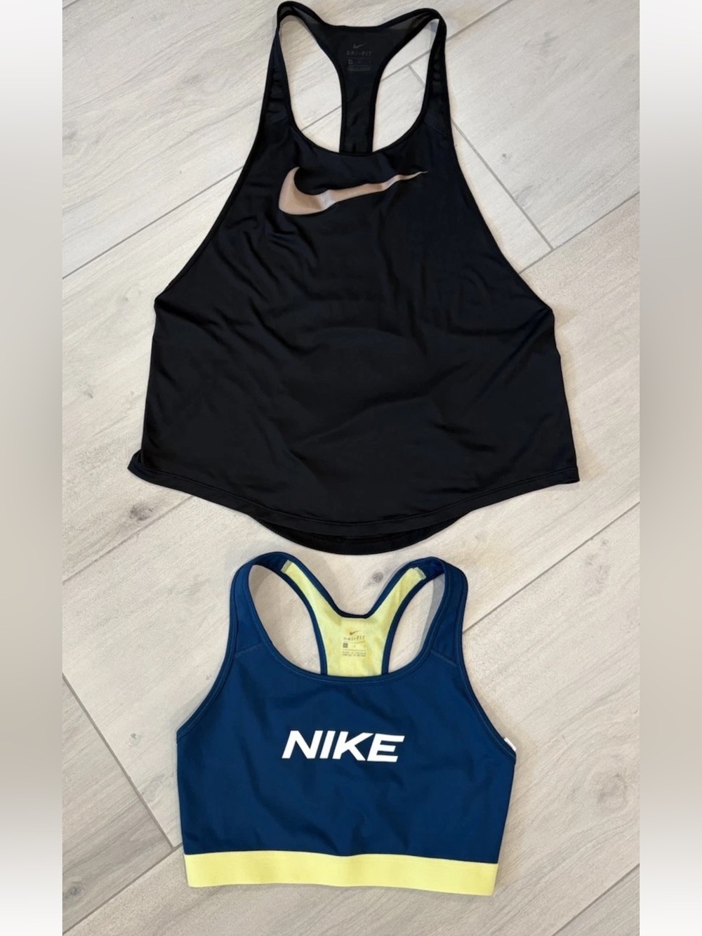 Nike Black Racerback Tank with Gold Swoosh & Navy Blue Nike Crop Tank